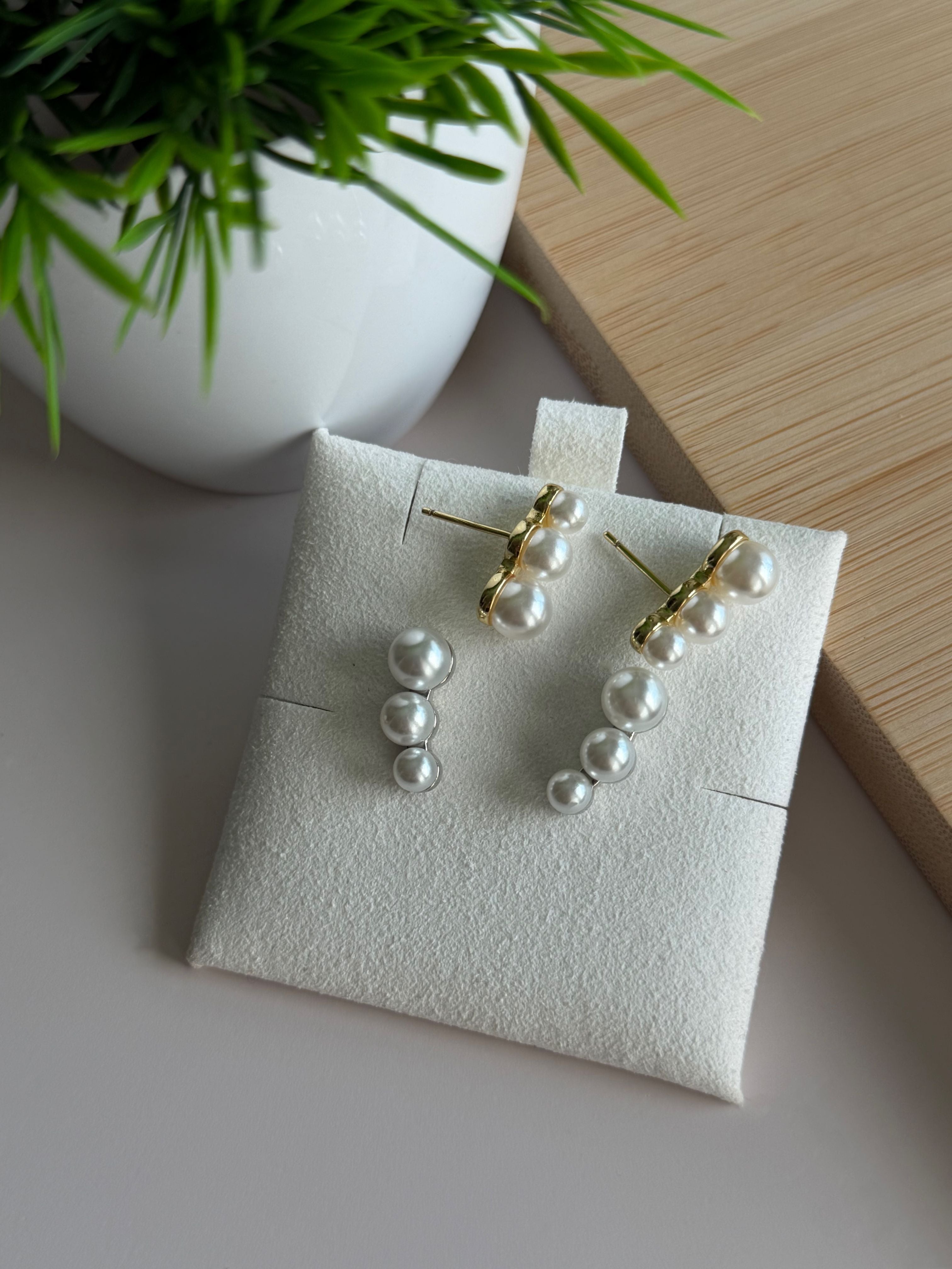 Triple Pearl Climber Earrings