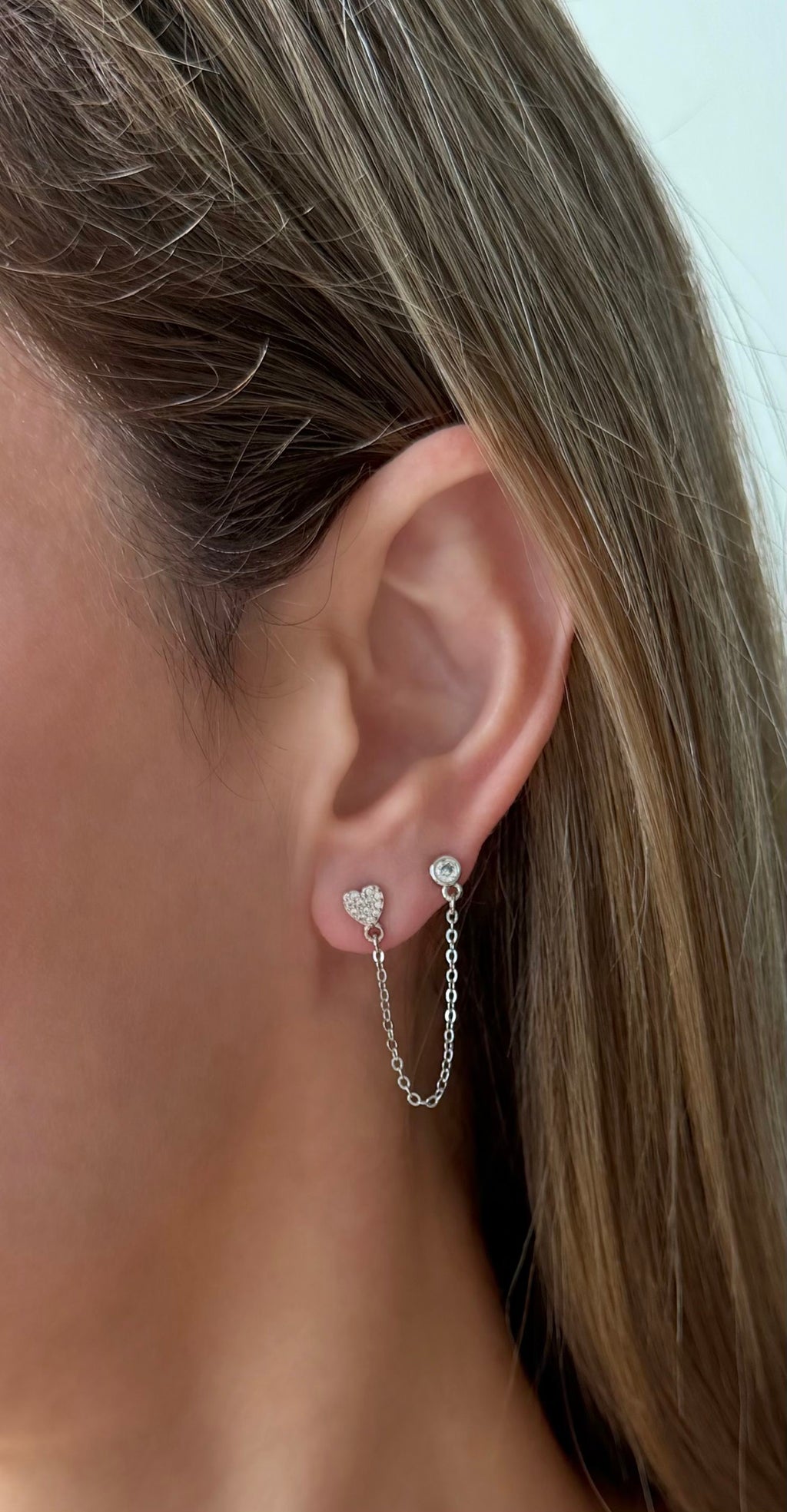 Double Stud Chain Heart Earrings