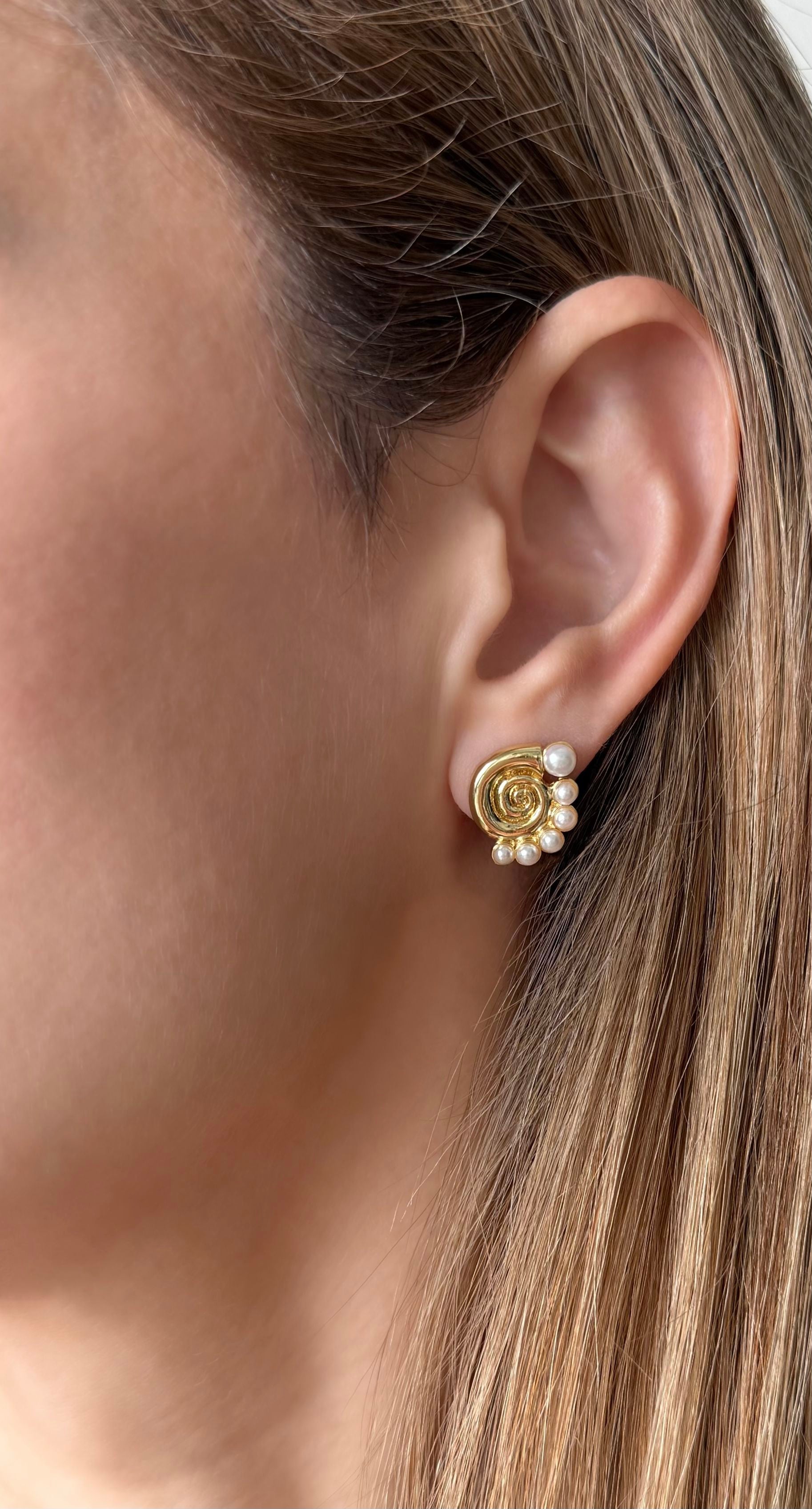 Gold Spiral Pearl Studs