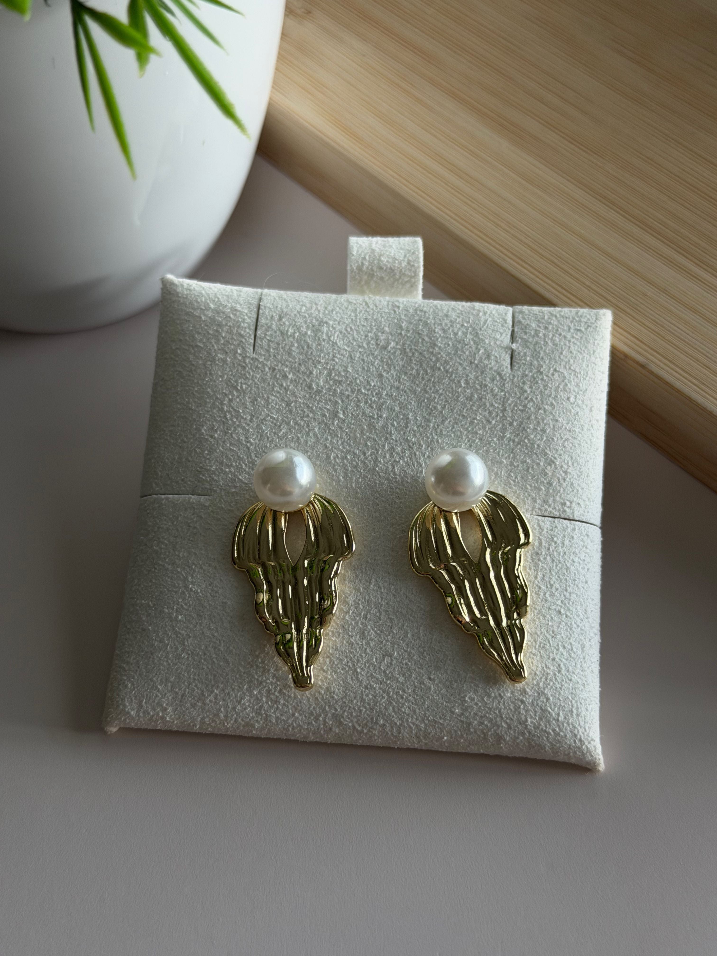 Gold Pearl Textured Drop Earrings