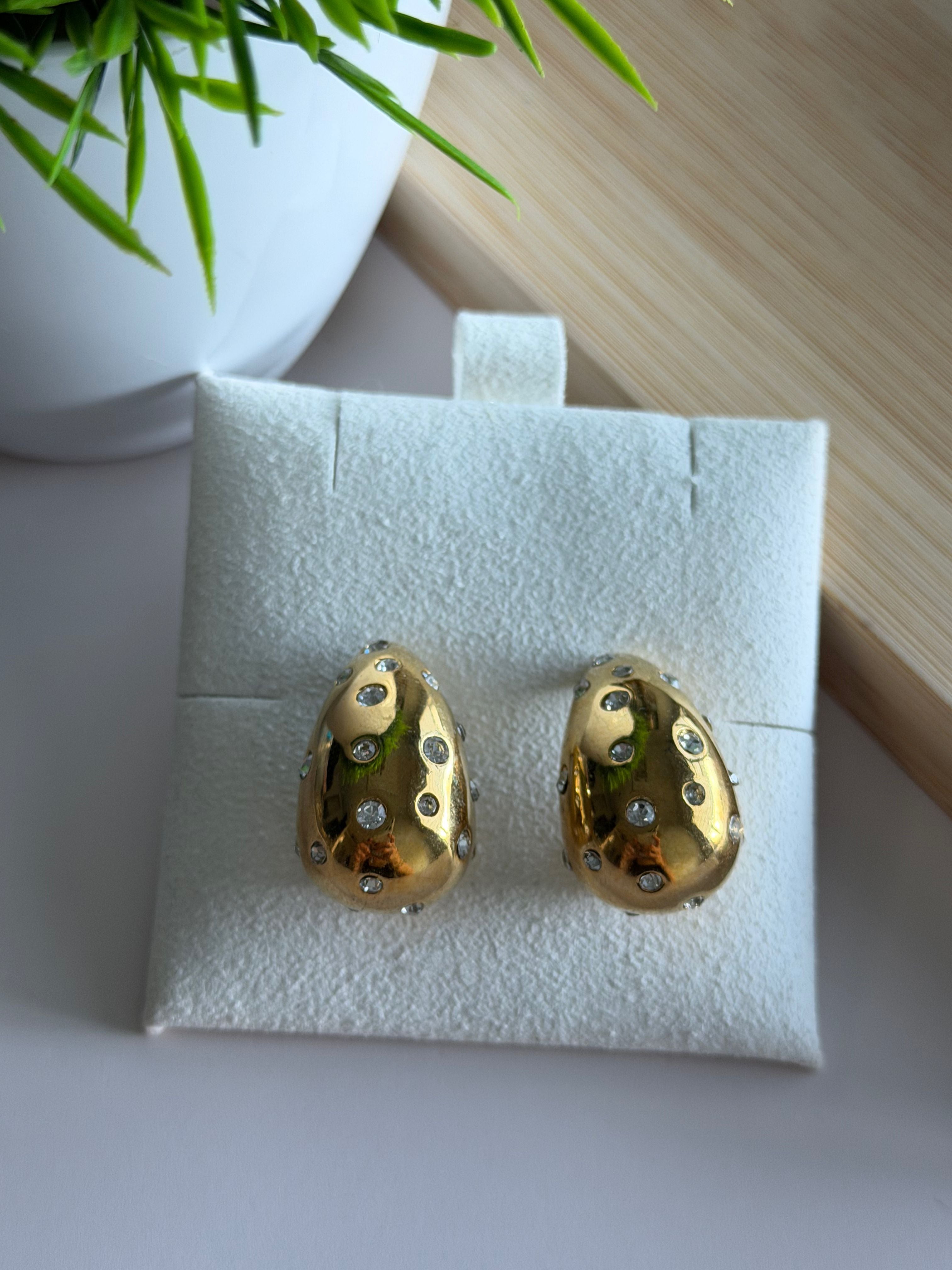 Gold Dome Stud Earrings with CZ Details