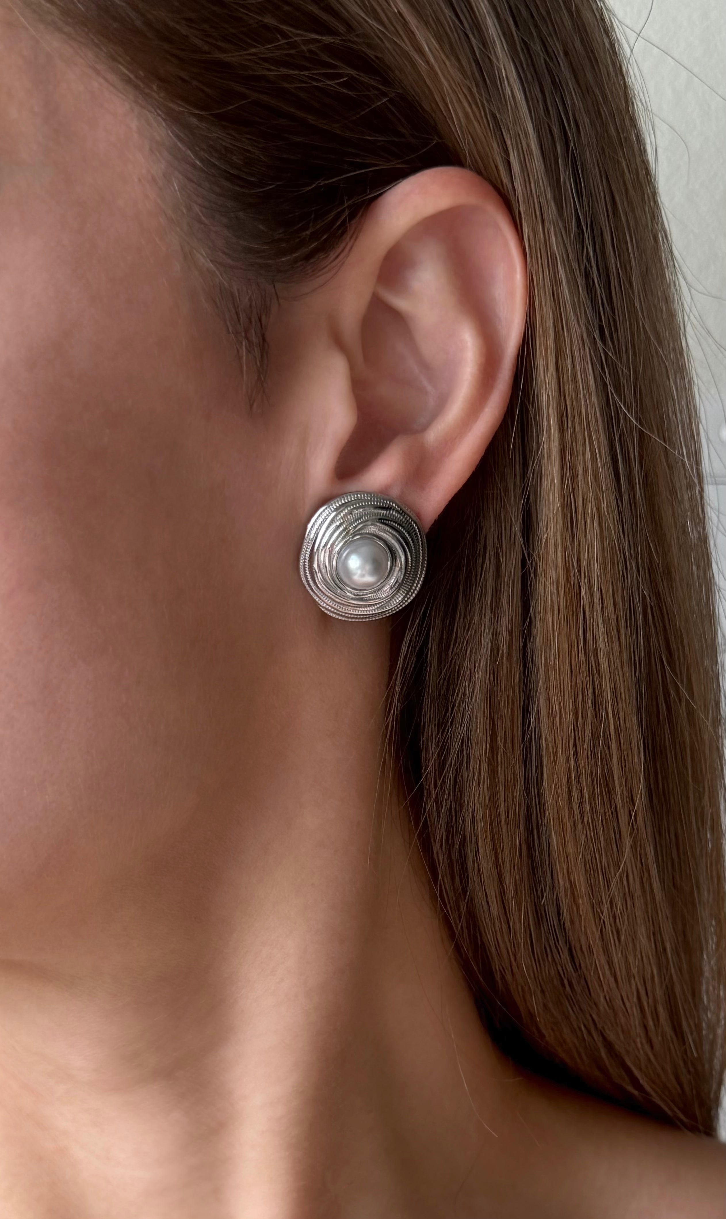 Textured Silver Pearl Stud Earrings