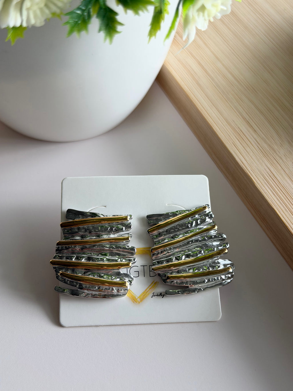 Textured Mixed-Metal Statement Stud Earrings