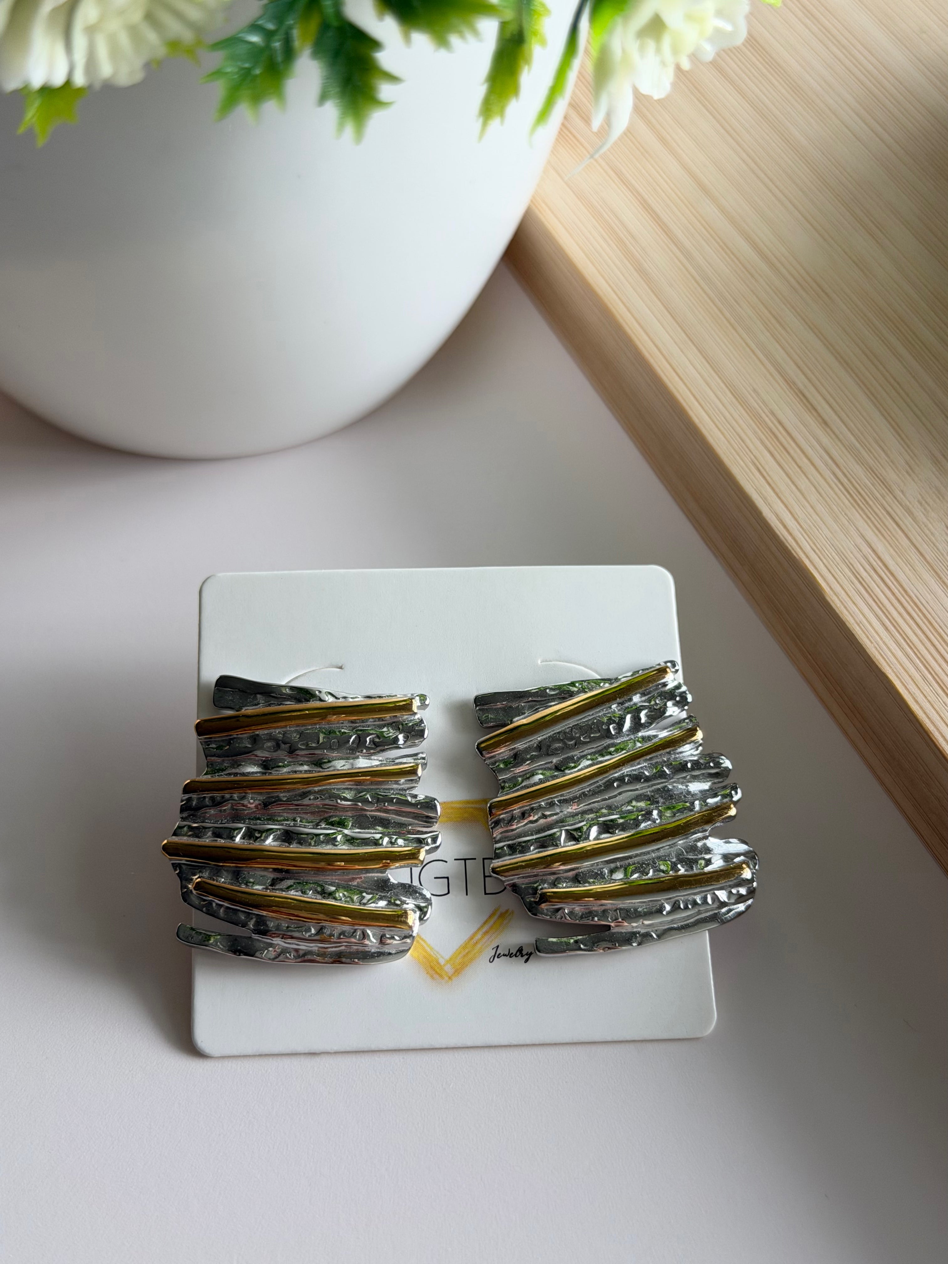 Textured Mixed-Metal Statement Stud Earrings